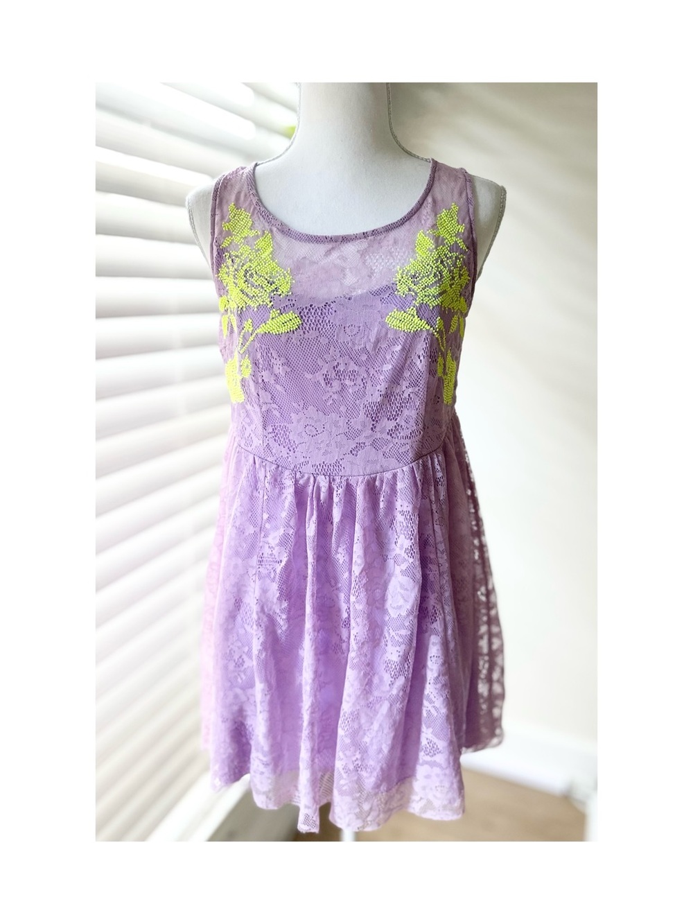 Everly Lavender Lace Dress with Neon Yellow Applique